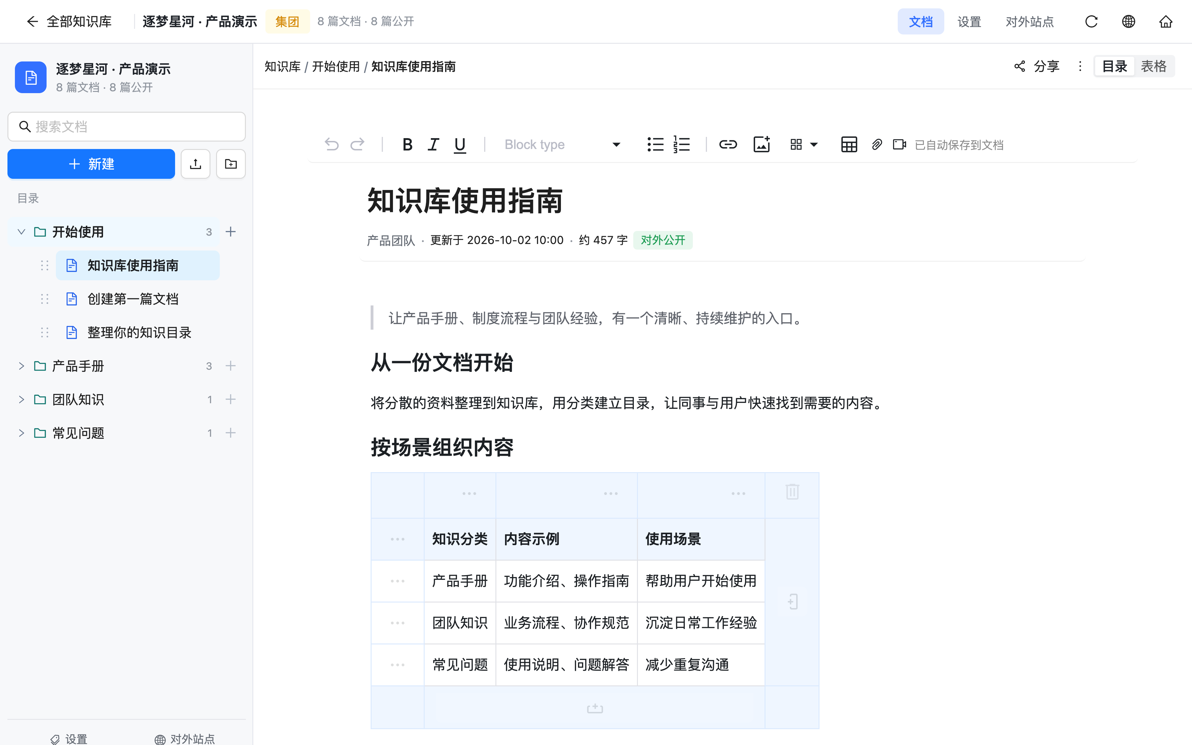 知识库 · 文档目录与编辑工作台